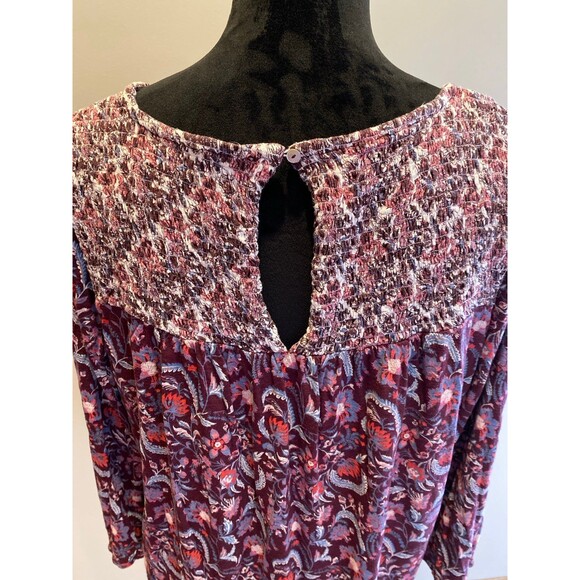 Lucky Brand Blouse Size XL Burgundy Smocked Top Bell Sleeves Boho Peasant - Picture 6 of 10
